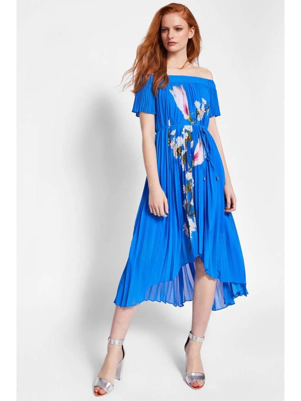 Ted Baker Cobalt Blue Off-Shoulder Pleated High-Low Floral Dress